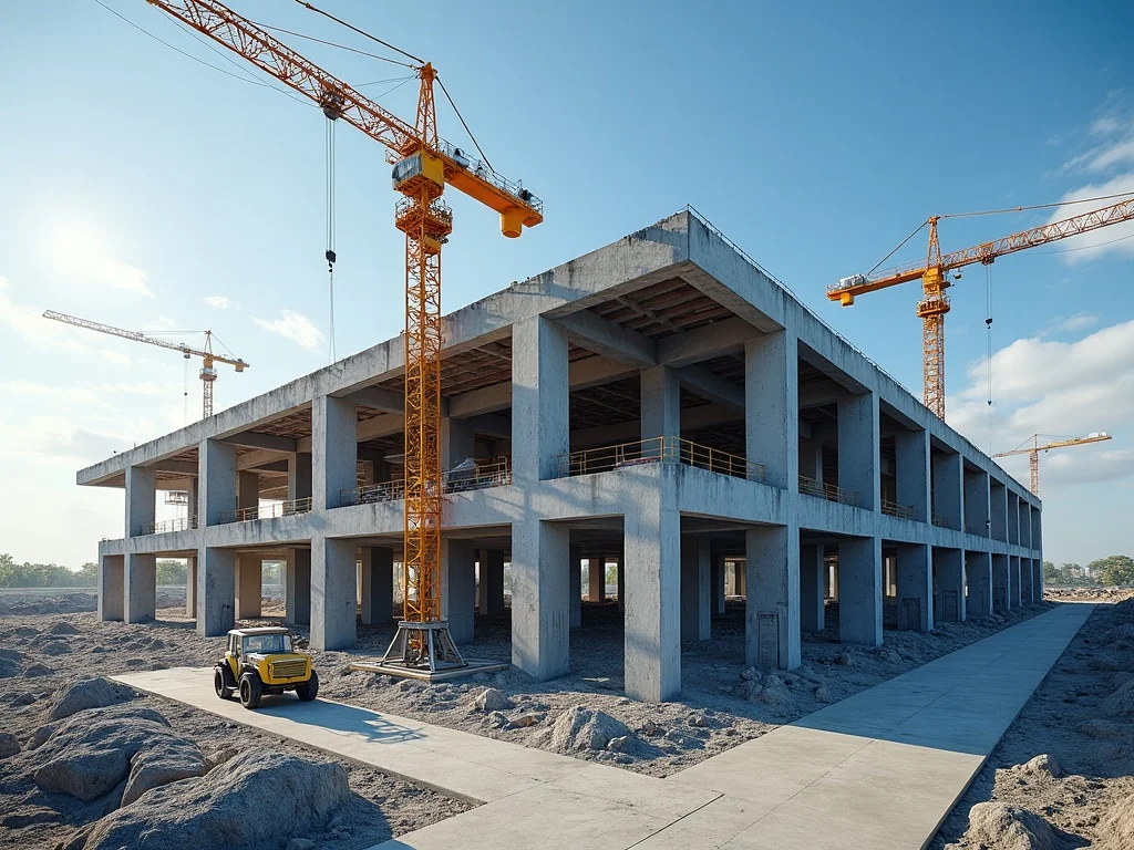 Modern concrete and steel office superstructure under construction